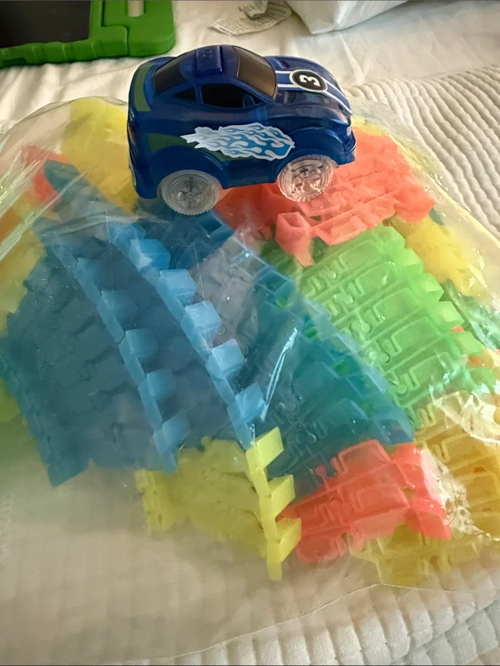 Blue Toy Race Car with Multi-Color Track Pieces - Kids Toys